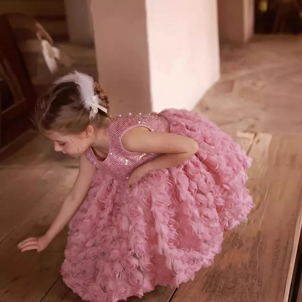 3D Rose Flower Girls Princess Dress Kids Luxury Floral Tulle Gown Toddler 1st Birthday Party Dresses Infant Performance Vestidos