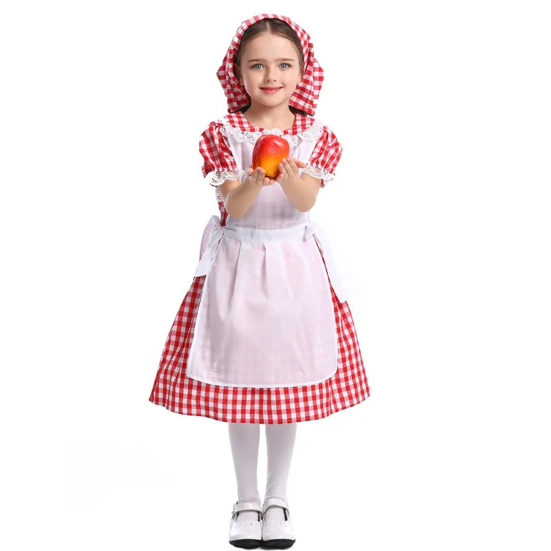 Retro American Farmhouse Girls Dress Kids Red Plaid Gingham Maid Costume Children Fairy Tale Role Play Halloween Party Outfits