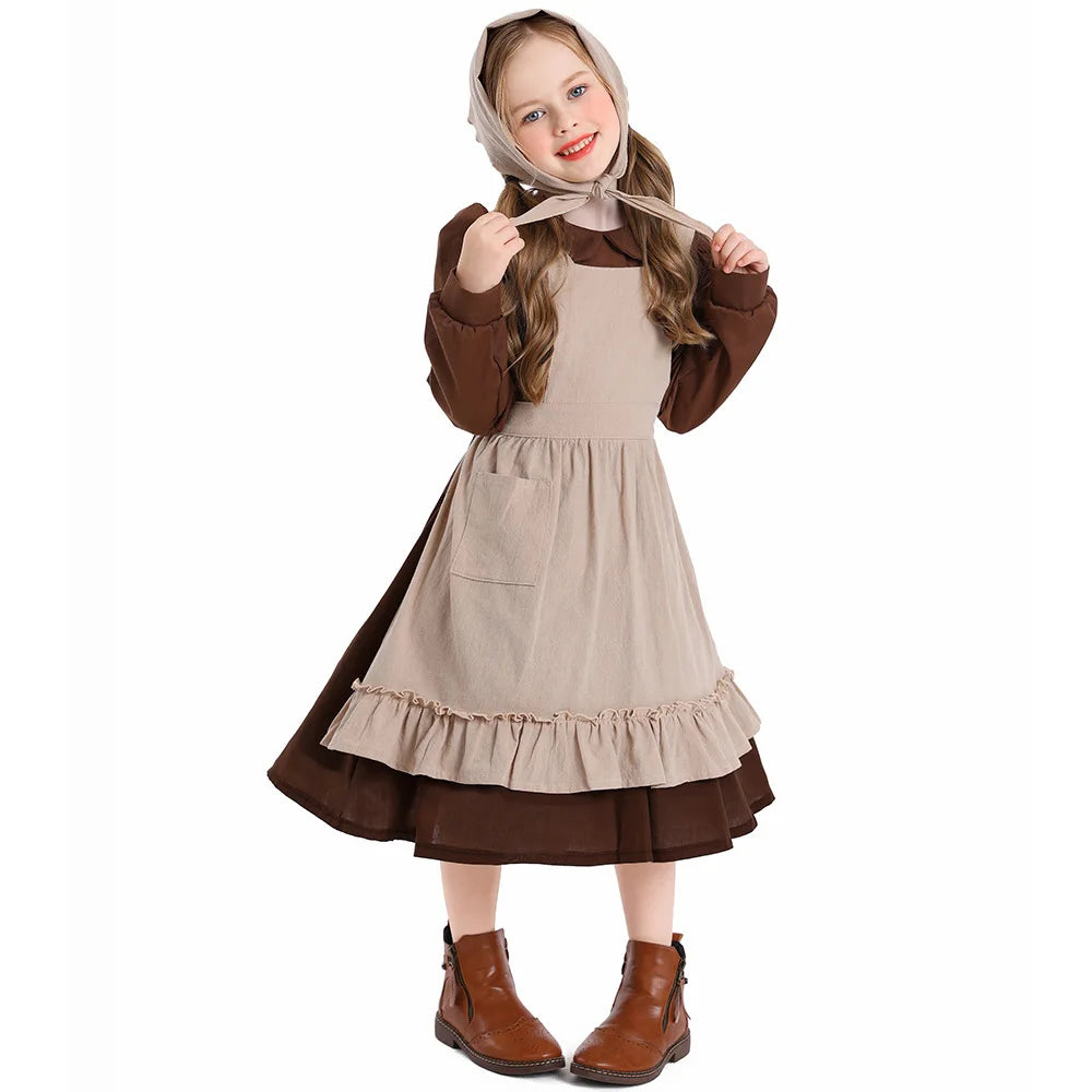 Costume for Girls Kids Retro Peasant Dress Children Fairy Tale Role Play Stage Performance Halloween Party Wear