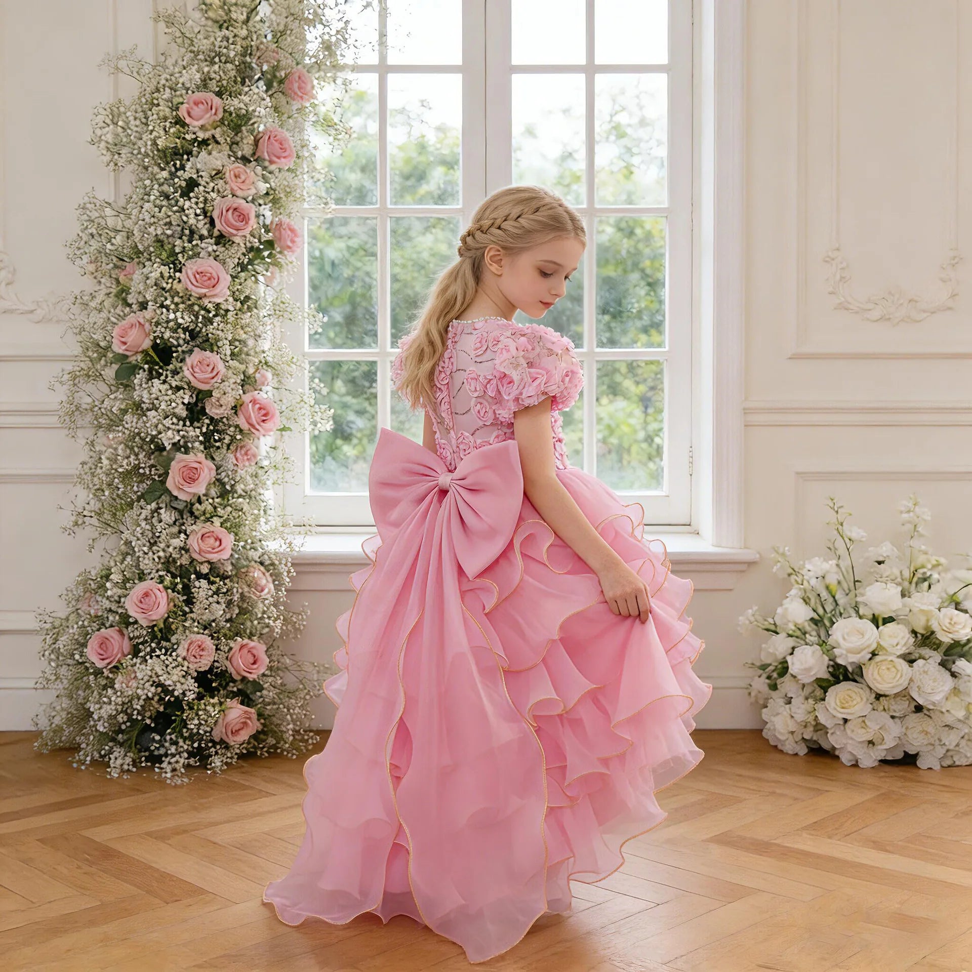 Luxury White Pink Girls Princess Gown 3D Flower Appliques Kids Puffy Tulle Dress with Long Train Children Birthday Event Outfits