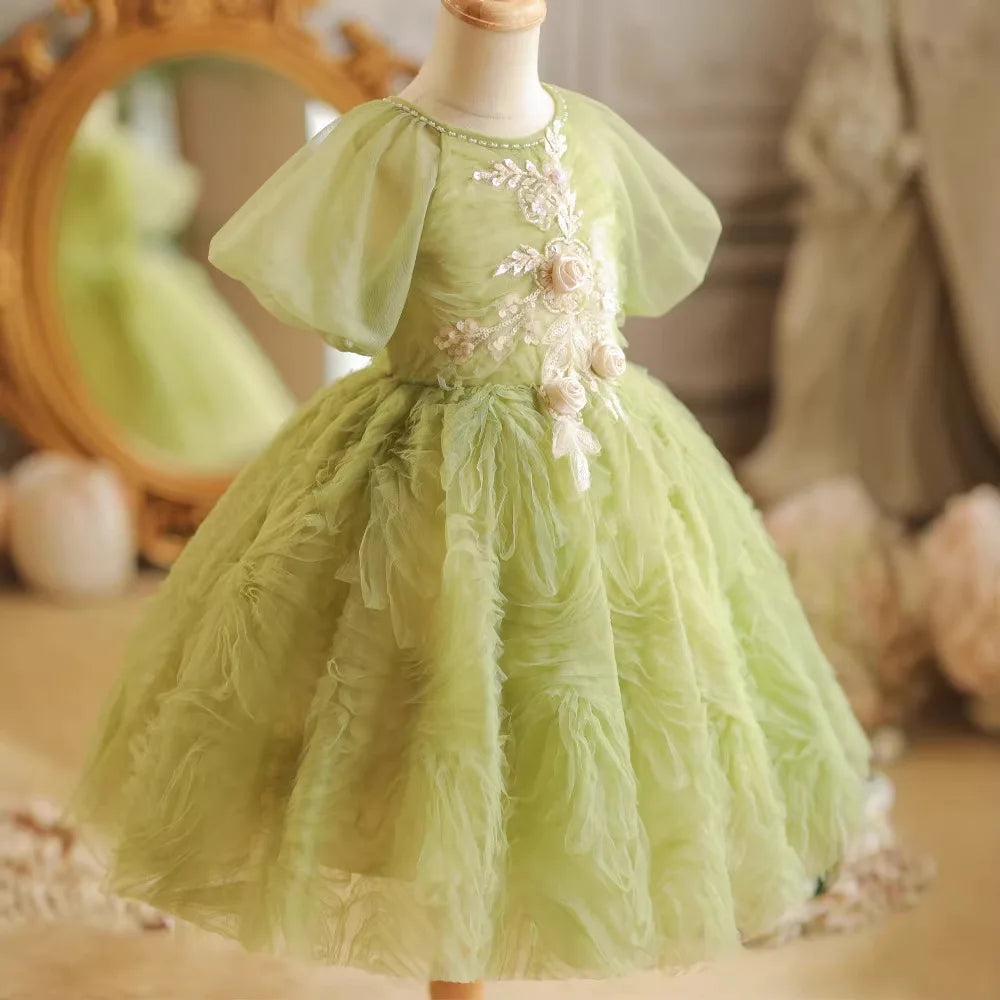 Elegant Green Flower Girls Dress for Wedding Kids Piano Competition Gown Children Host Performance Wear Birthday Party Outfits