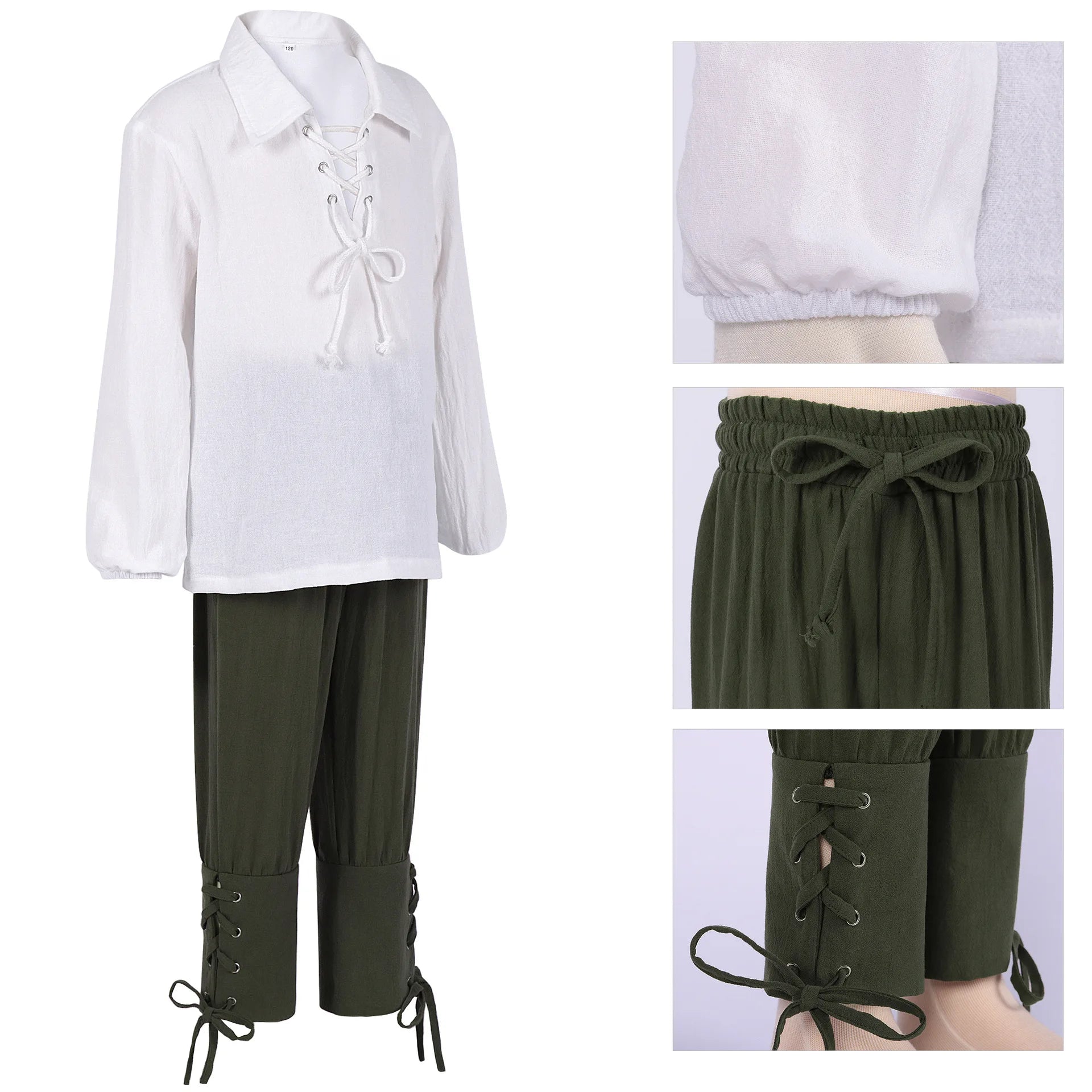 Kids Medieval Pirate Costume Set Renaissance Shirt and Cropped Pants Scottish Jacobite Outfits for Halloween Carnival Party Wear