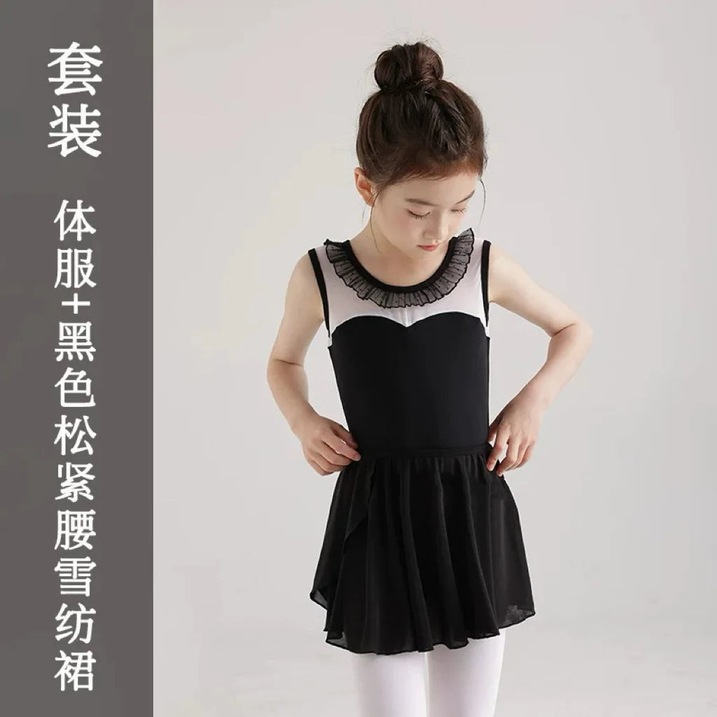 Professional Kids Ballet Dance Wear Girl Sleeveless Gymnastics Leotard Child Ruffled Neckline BodySuit Student Exercise Cloth