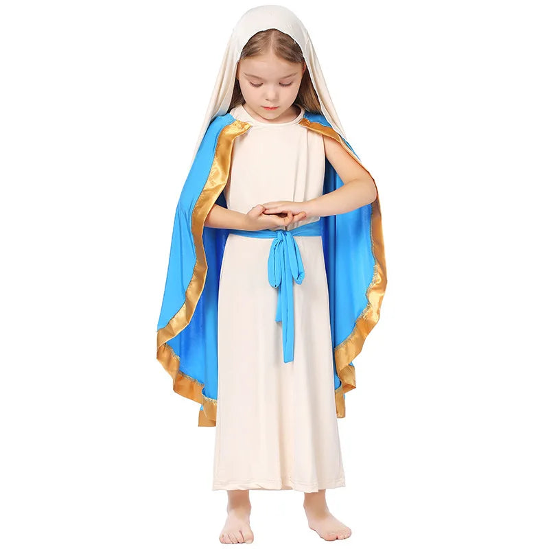 Ancient Shepherd Costume for Kids Adults Biblical Saint Joseph Cosplay Outfit Parents Children Blue Robe Halloween Party Wear