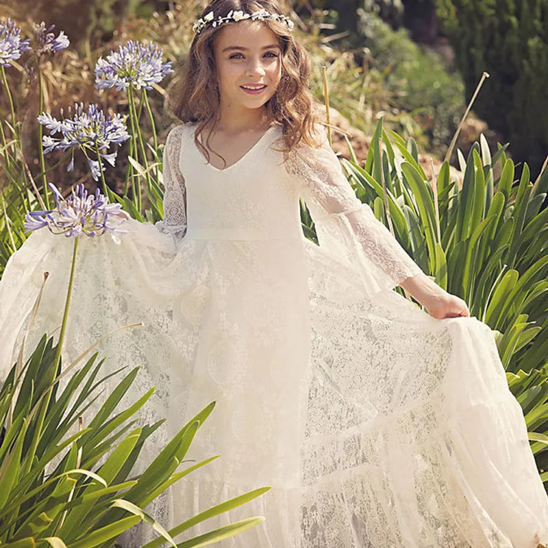 Elegant Lace Girls Princess Dress Long Sleeve Kids Flower Girl Wedding Gown Children Host Piano Performance Party Dress Vestidos
