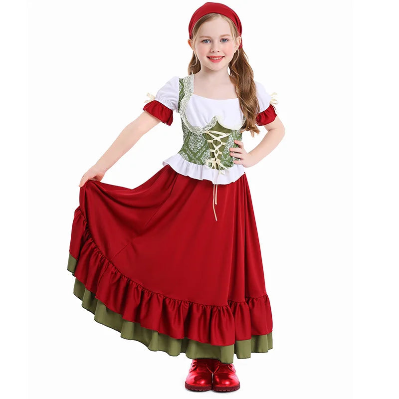 Wine Red Girl German Oktoberfest Costume Kids Bavarian 2-Piece Long Dress Children Beer Festival Dance Outfit Halloween Carnival