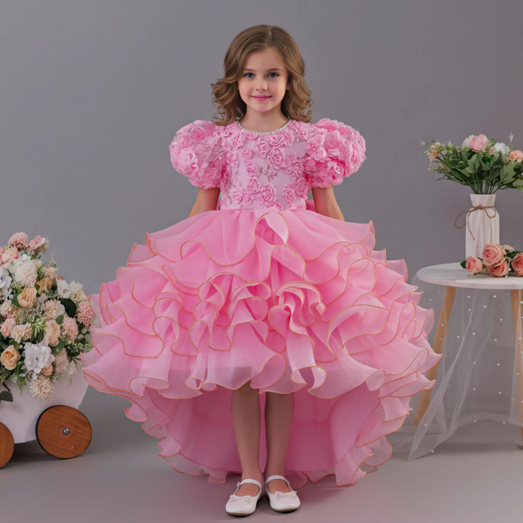 Luxury White Pink Girls Princess Gown 3D Flower Appliques Kids Puffy Tulle Dress with Long Train Children Birthday Event Outfits