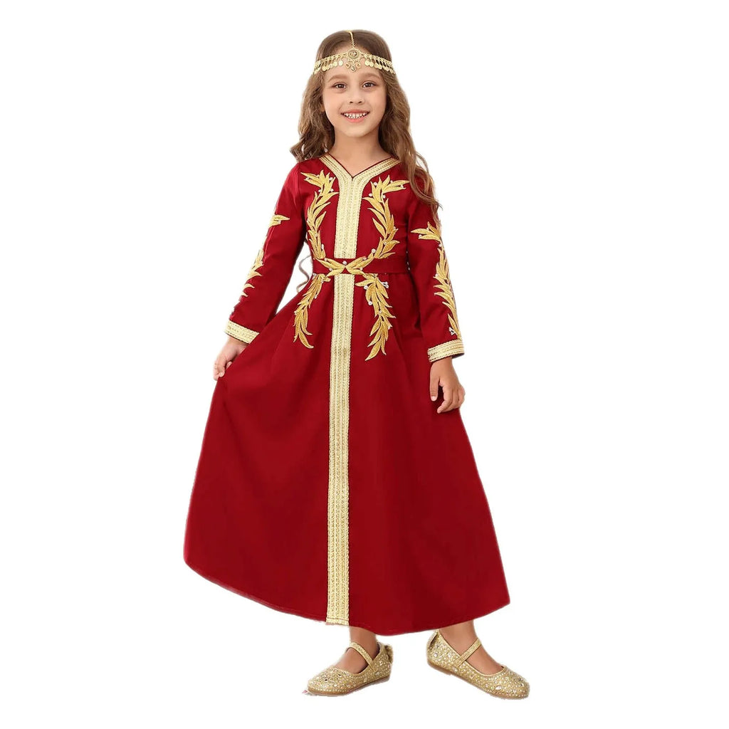 Elegant Embroidered Girls Princess Dress with Belt Long Sleeve Kids Lace Trim Gown Children Formal Party Event Dress Vestidos