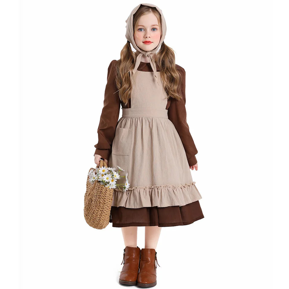 Costume for Girls Kids Retro Peasant Dress Children Fairy Tale Role Play Stage Performance Halloween Party Wear