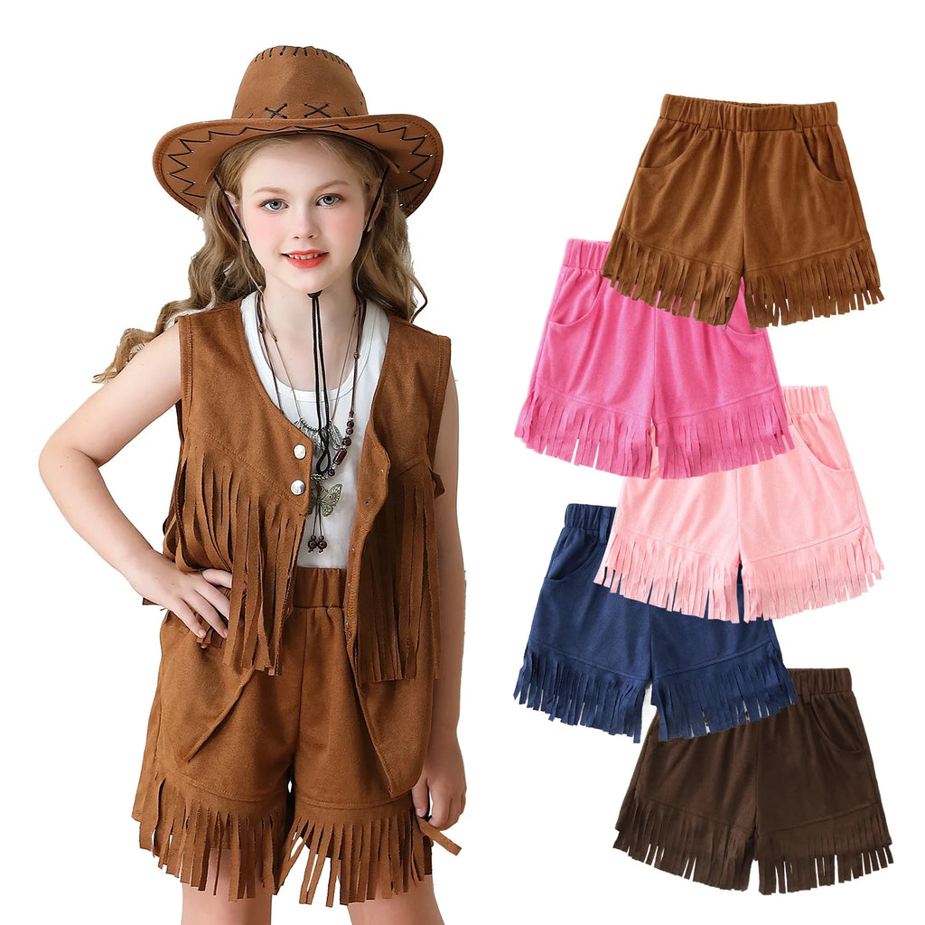 Western Cowgirl Tassel Shorts for Girls Kids Suede Fringed Pants Children Retro Hippie Style Outfits Halloween Carnival Wear