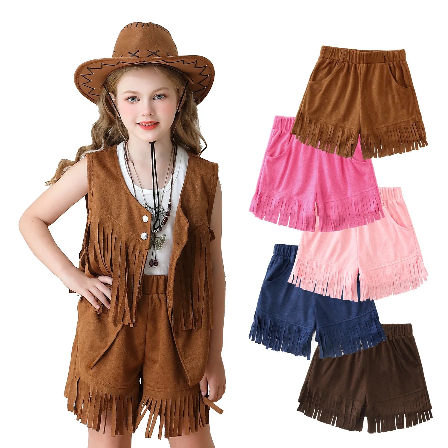Western Cowgirl Tassel Shorts for Girls Kids Suede Fringed Pants Children Retro Hippie Style Outfits Halloween Carnival Wear