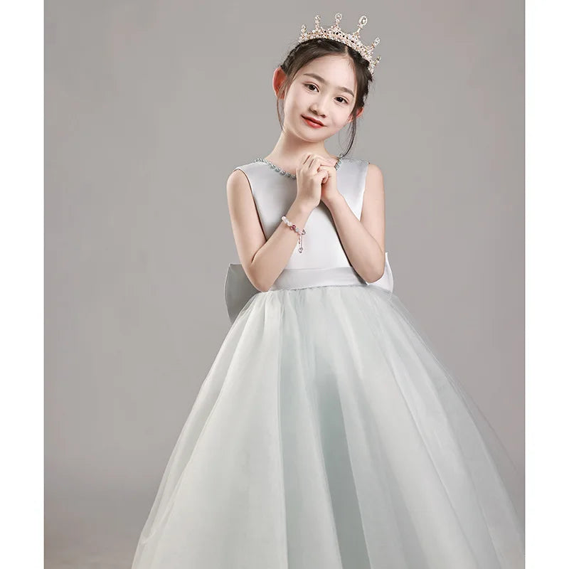 Luxury Grey Girls Princess Dress Kids Elegant Formal Gown Big Girls Host Piano Performance Show Dress Children Pageant Vestidos