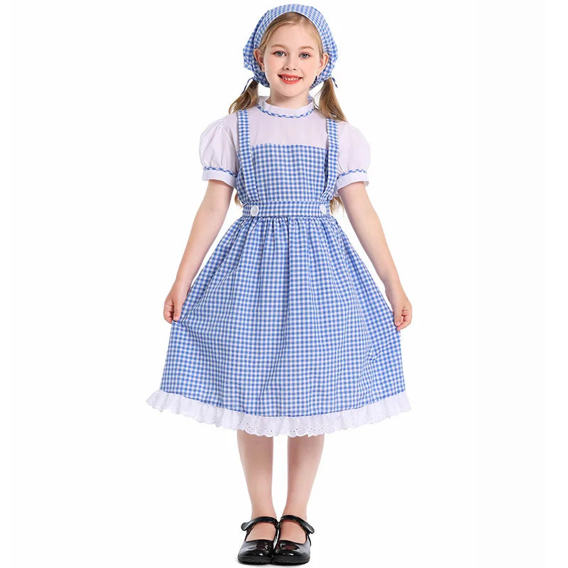Blue Plaid Girls Dress with Headscarf Kids Gingham Maid Costume Children Fairy Tale Role Play Halloween Stage Performance Cloth