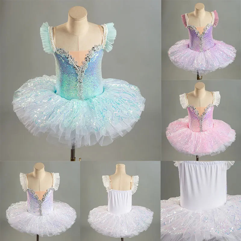 Professional Ballet Tutu Dress Kids Sweet 3D Mesh Skirted Leotard Children Gymnastics Practice Wear Stage Performance Outfits