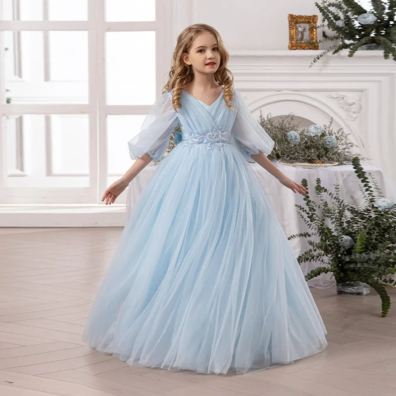 Luxury Girls Princess Dress Elegant Long Mesh Tulle Gown Big Kids Formal Party Event Dress Child Piano Performance Show Outfits