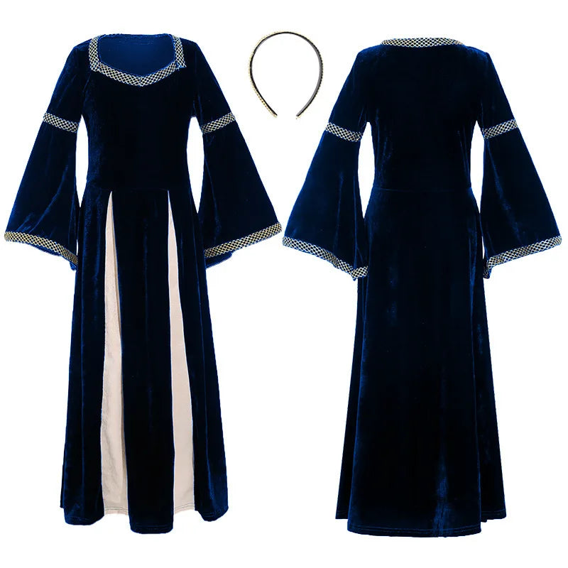 Renaissance Medieval Girls Costume Kids Victorian Royal Court Dress Children Vintage Flare Sleeve Gown Stage Performance Outfits