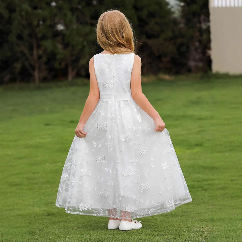 Elegant Lace White Girls Princess Dress Flower Girl Wedding Gown Kids Long Tulle Mesh Dress Child First Communion Party Vestidos