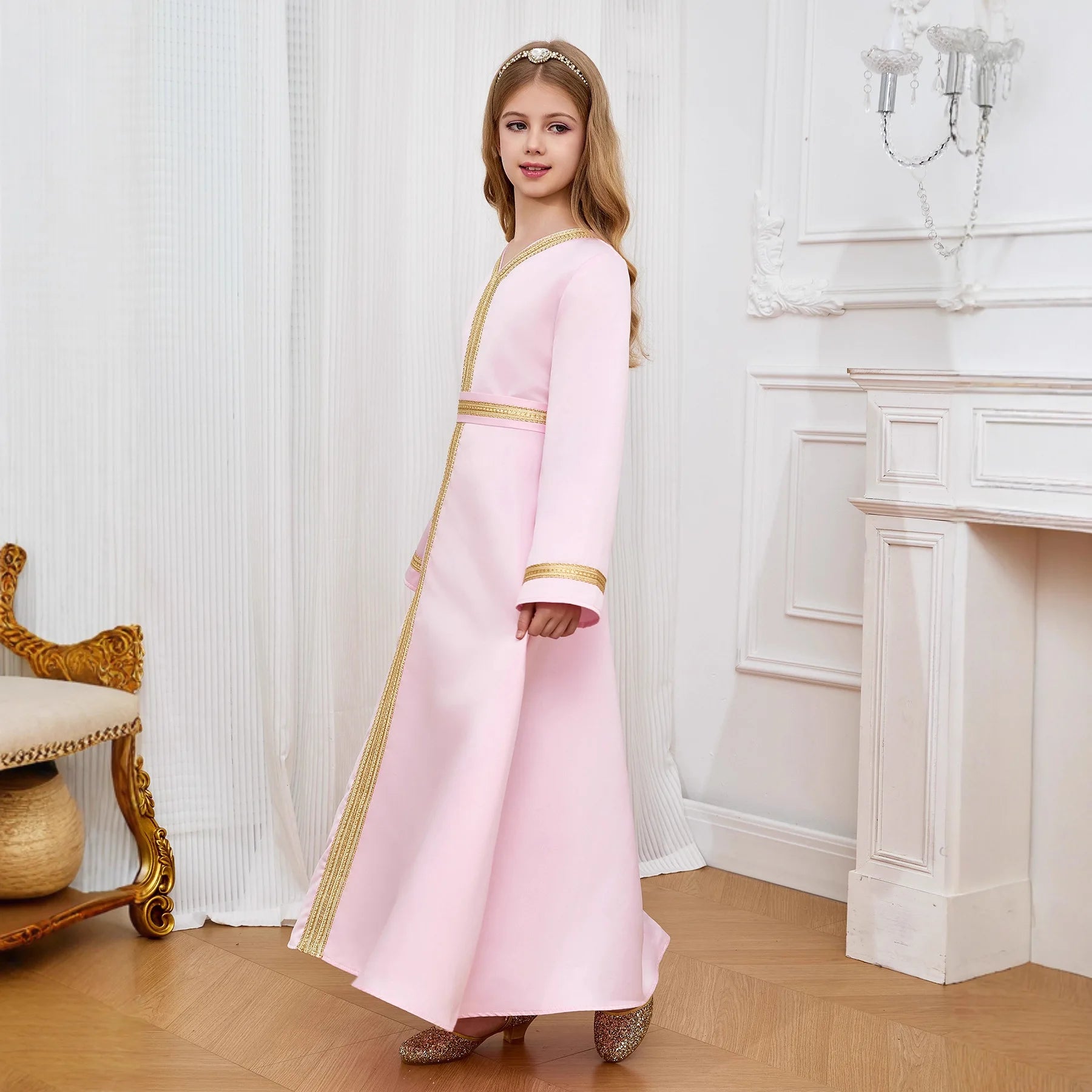Luxury Pink Girls Formal Gown Kids Ethnic Princess Dress Elegant Long Party Dress for Wedding Children Birthday Performance Wear