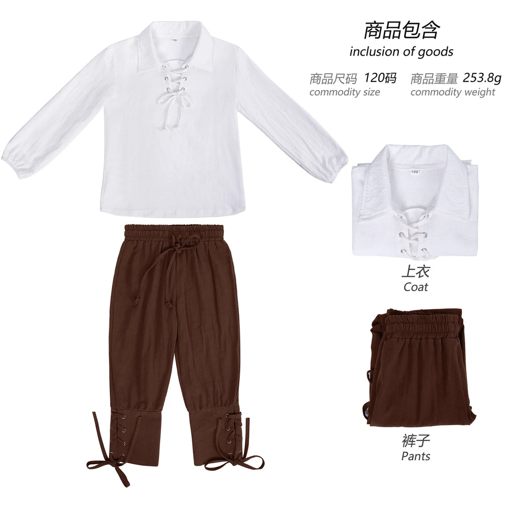 Kids Medieval Pirate Costume Set Renaissance Shirt and Cropped Pants Scottish Jacobite Outfits for Halloween Carnival Party Wear