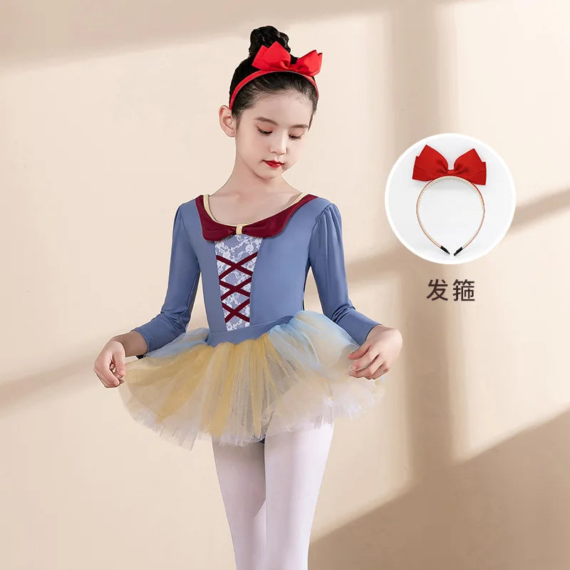 Luxury Girls Ballet Gown with Skirt Headband Kids Long Sleeve Dance Practice Clothes Professional Examination Bodysuit Outfits