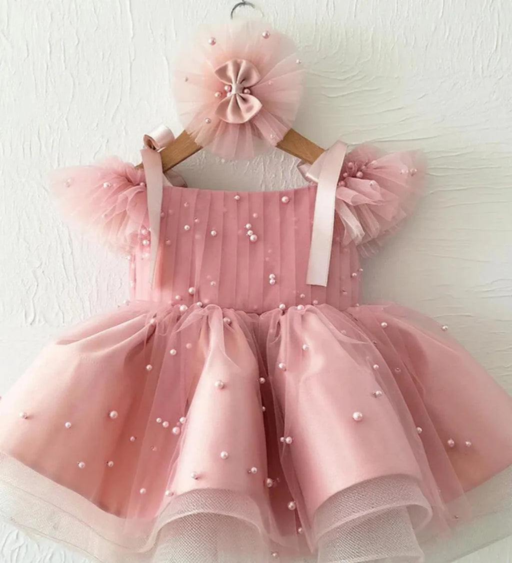 Sweet Pink Girl Princess Dress Pearl Beaded Mesh Tulle Puffy Gown Kids Luxury Sleeveless Party Dress Baby Birthday Event Outfits