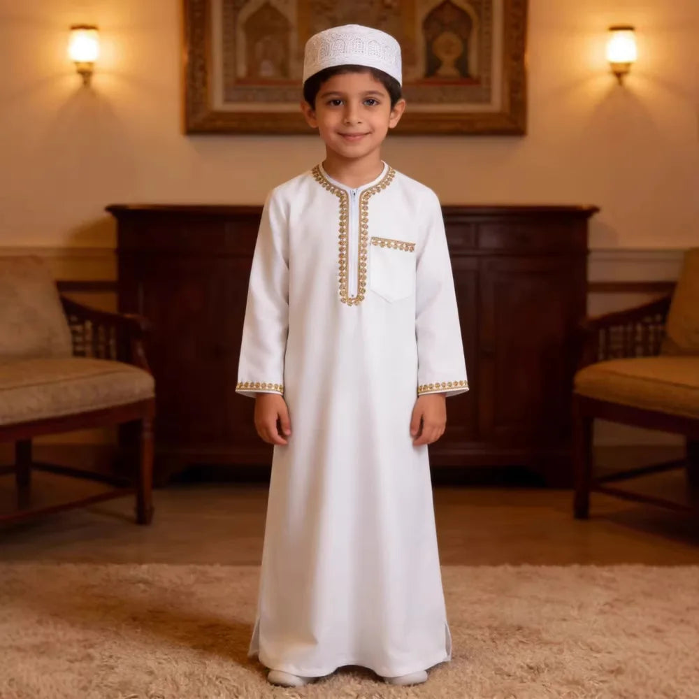 Muslim Boys Thobe Robe Embroidered Zipper Kaftan Kids Arabic Islamic Cloth Child Traditional Ethnic Abaya for Eid Ramadan Show
