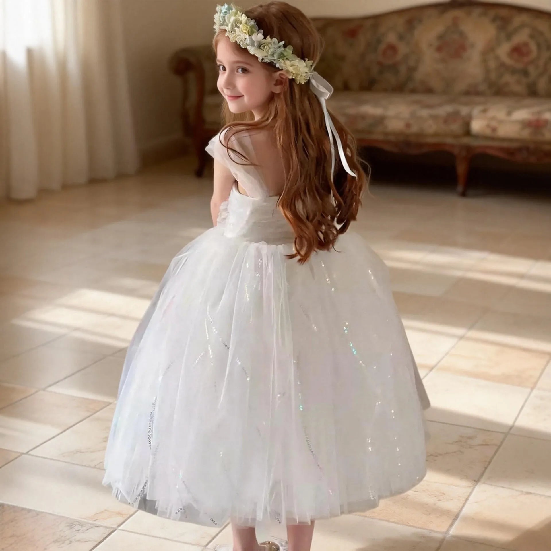 Luxury White Flower Girl Dress for Wedding Kids Elegant Princess Gown Child Puffy Tulle Birthday Party Outfits Toddler Vestidos
