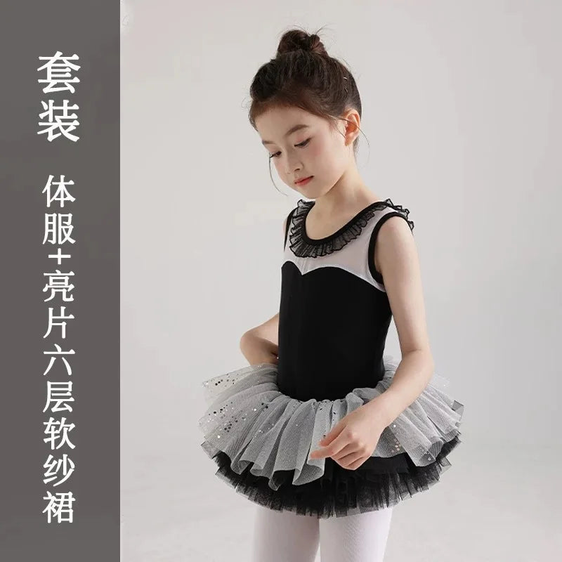 Professional Kids Ballet Dance Wear Girl Sleeveless Gymnastics Leotard Child Ruffled Neckline BodySuit Student Exercise Cloth