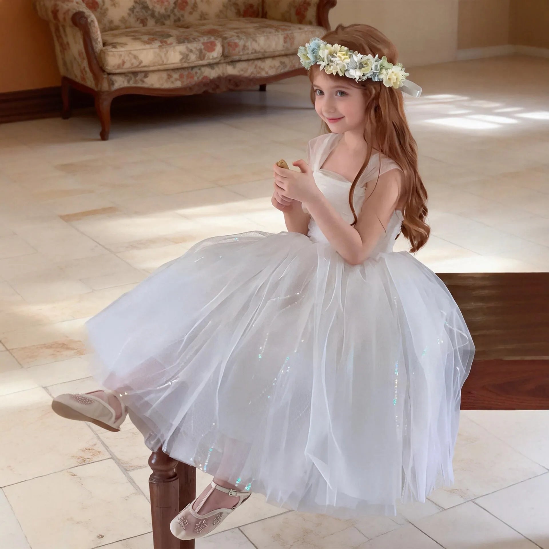 Luxury White Flower Girl Dress for Wedding Kids Elegant Princess Gown Child Puffy Tulle Birthday Party Outfits Toddler Vestidos