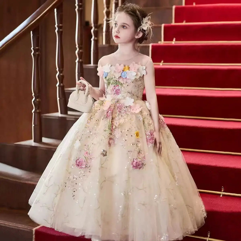 Luxury Flower Fairy Girls Princess Dress Kids Elegant Champagne Gown Children Host Piano Performance Show Dress Pageant Vestidos