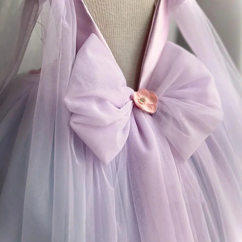 Girls Purple Tulle Dress Bow Princess Dress Kids Flower Girl Wedding Party Birthday Performance Gown