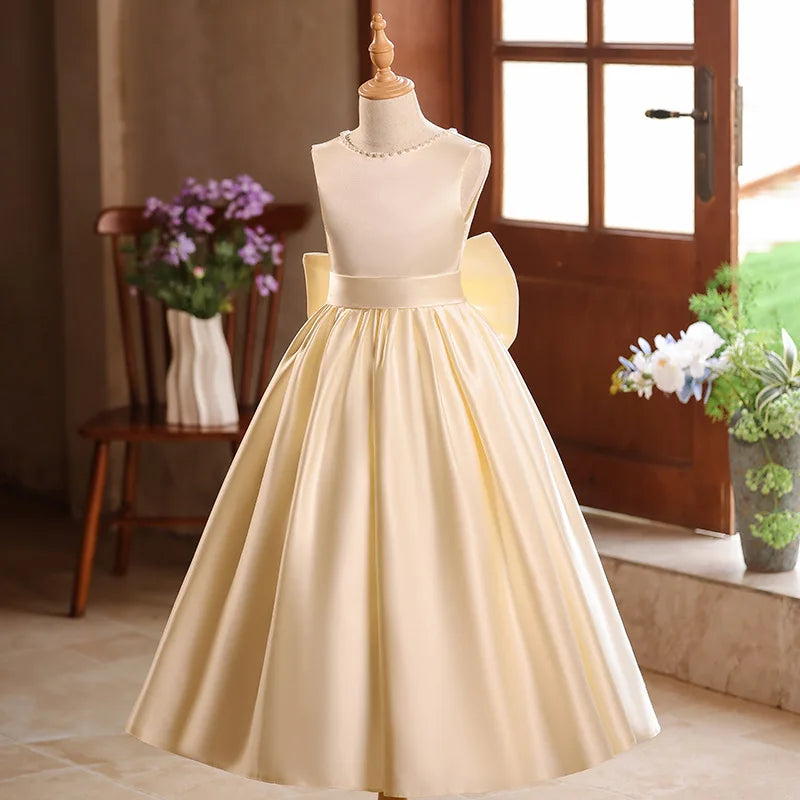 Luxury Champagne Girls Princess Dress Elegant Mesh Tulle Gown Big Kids Formal Party Event Dress Child Host Performance Outfits