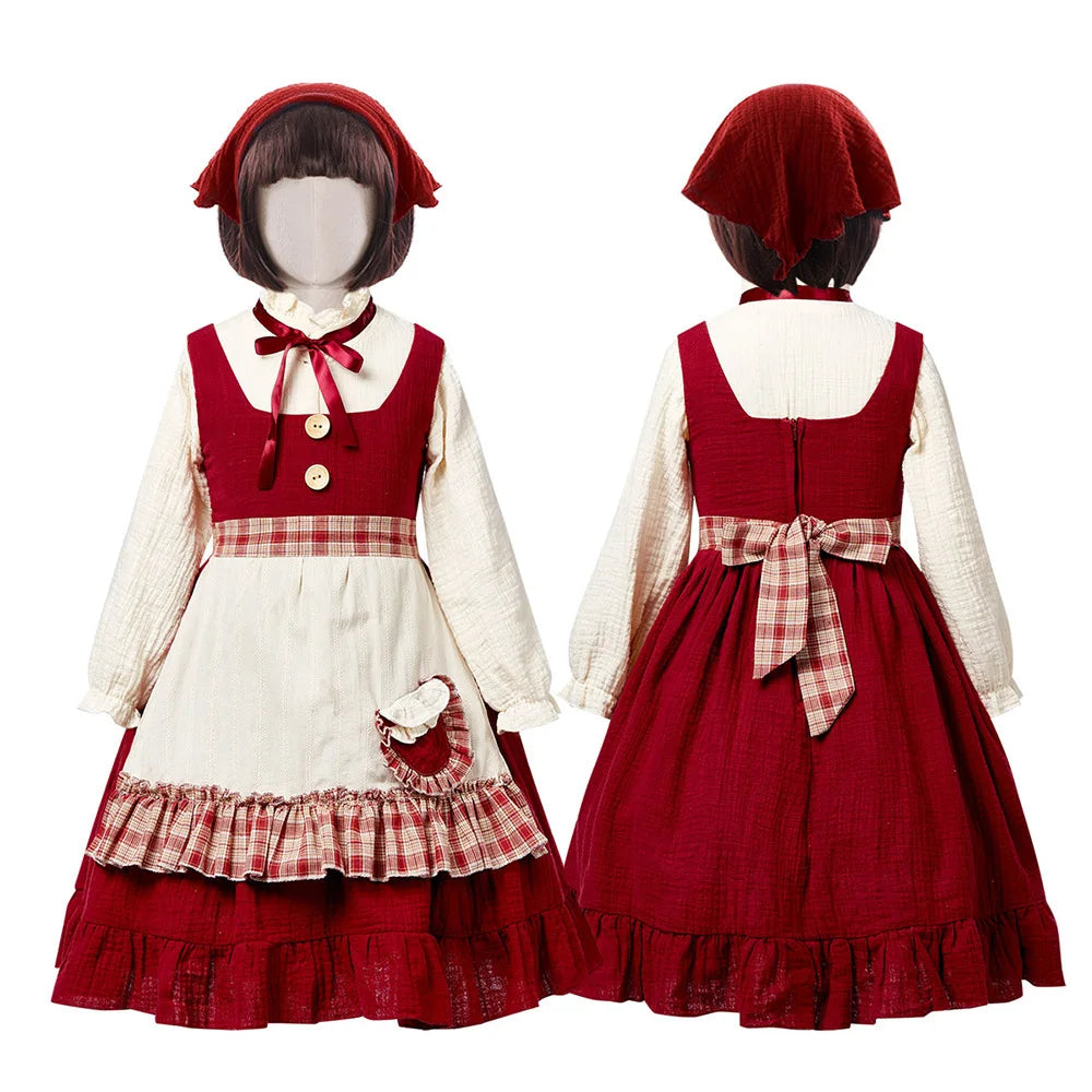 Red Little Match Girl Costume Kids Retro Lolita Maid Dress Children Fairy Tale Role Play Halloween Christmas Stage Performance