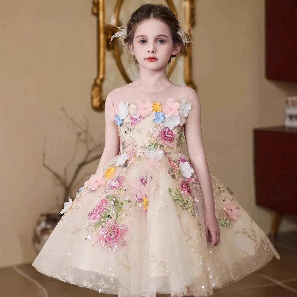 Luxury Flower Fairy Girls Princess Dress Kids Elegant Champagne Gown Children Host Piano Performance Show Dress Pageant Vestidos
