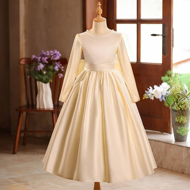 Luxury Champagne Girls Princess Dress Elegant Mesh Tulle Gown Big Kids Formal Party Event Dress Child Host Performance Outfits