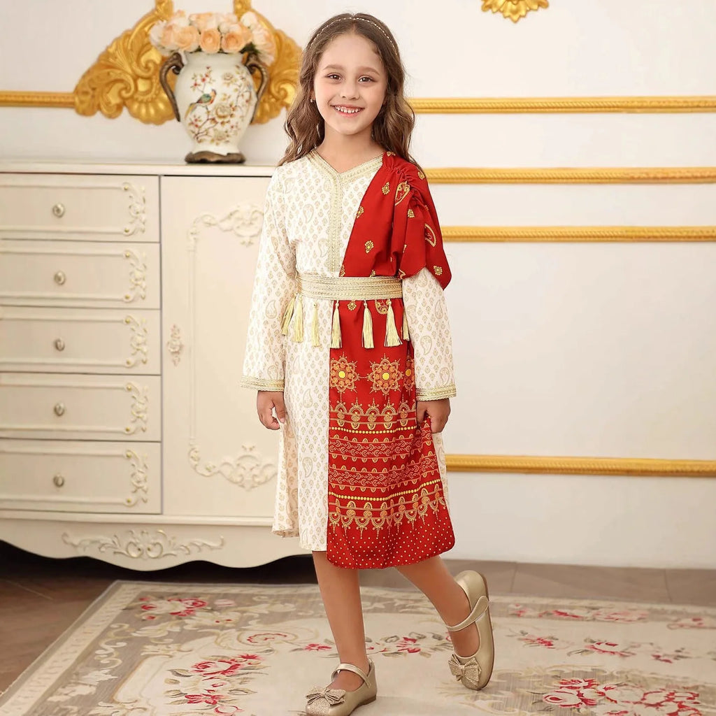 Ethnic Girls Princess Gown Luxury Red Tulle Dress Kids Elegant Formal Party Outfits Children Performance Wear Fashion Wear