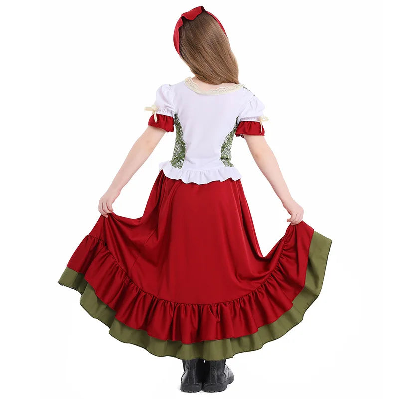 Wine Red Girl German Oktoberfest Costume Kids Bavarian 2-Piece Long Dress Children Beer Festival Dance Outfit Halloween Carnival