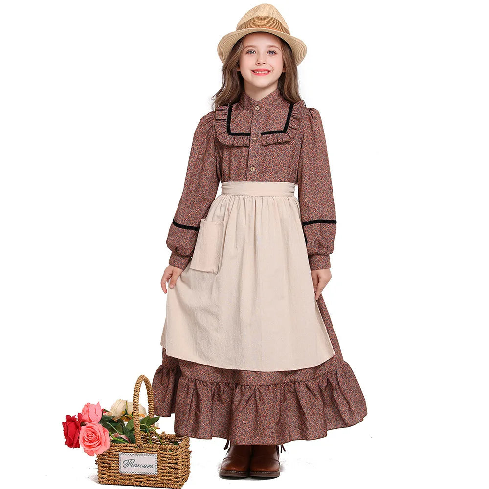 Girls Prairie Pioneer Costume Kids Colonial Floral Dress Children Retro European Village Maid Outfits Halloween Carnival Wear