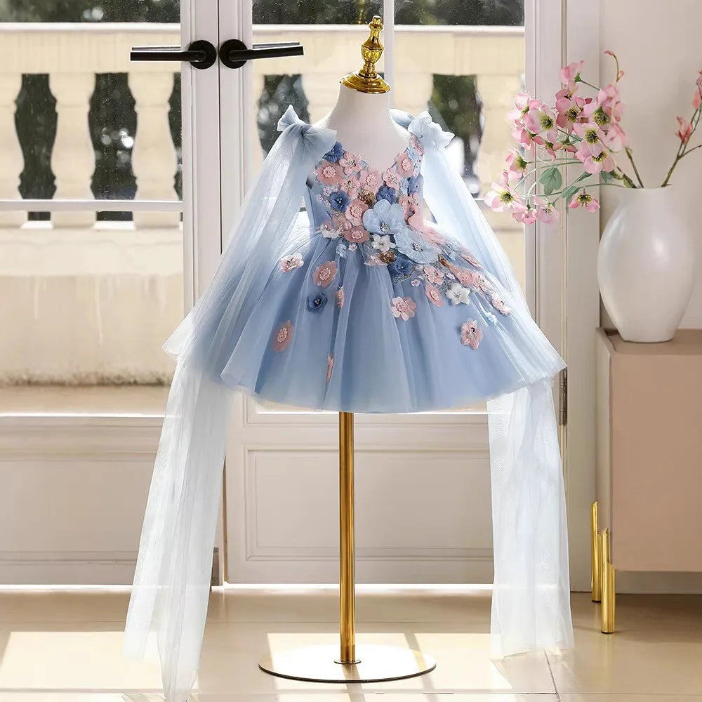 Luxury 3D Floral Girls Dress for Wedding Kids High-end Piano Performance Gown Children Host Catwalk Outfits Birthday Party Wear