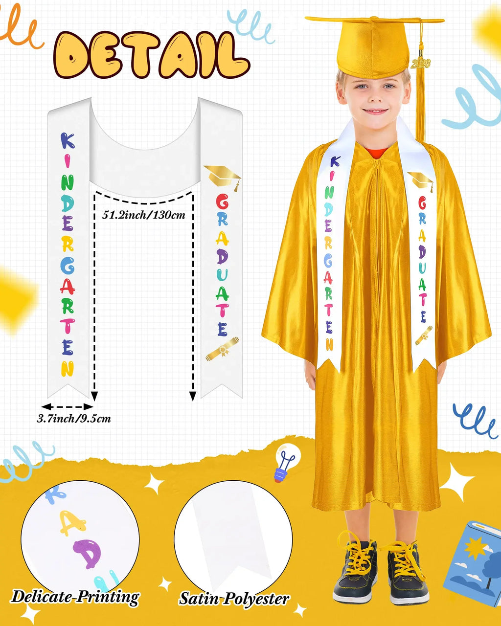Kindergarten Graduation Cap and Gown Set for Class of 2026 Photoshoot, Satin Blink Gown