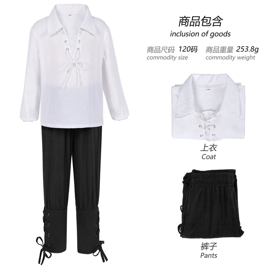 Kids Medieval Pirate Costume Set Renaissance Shirt and Cropped Pants Scottish Jacobite Outfits for Halloween Carnival Party Wear