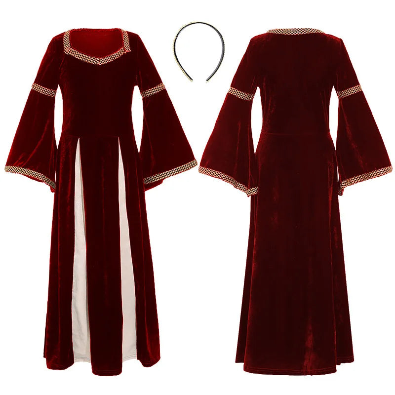 Renaissance Medieval Girls Costume Kids Victorian Royal Court Dress Children Vintage Flare Sleeve Gown Stage Performance Outfits