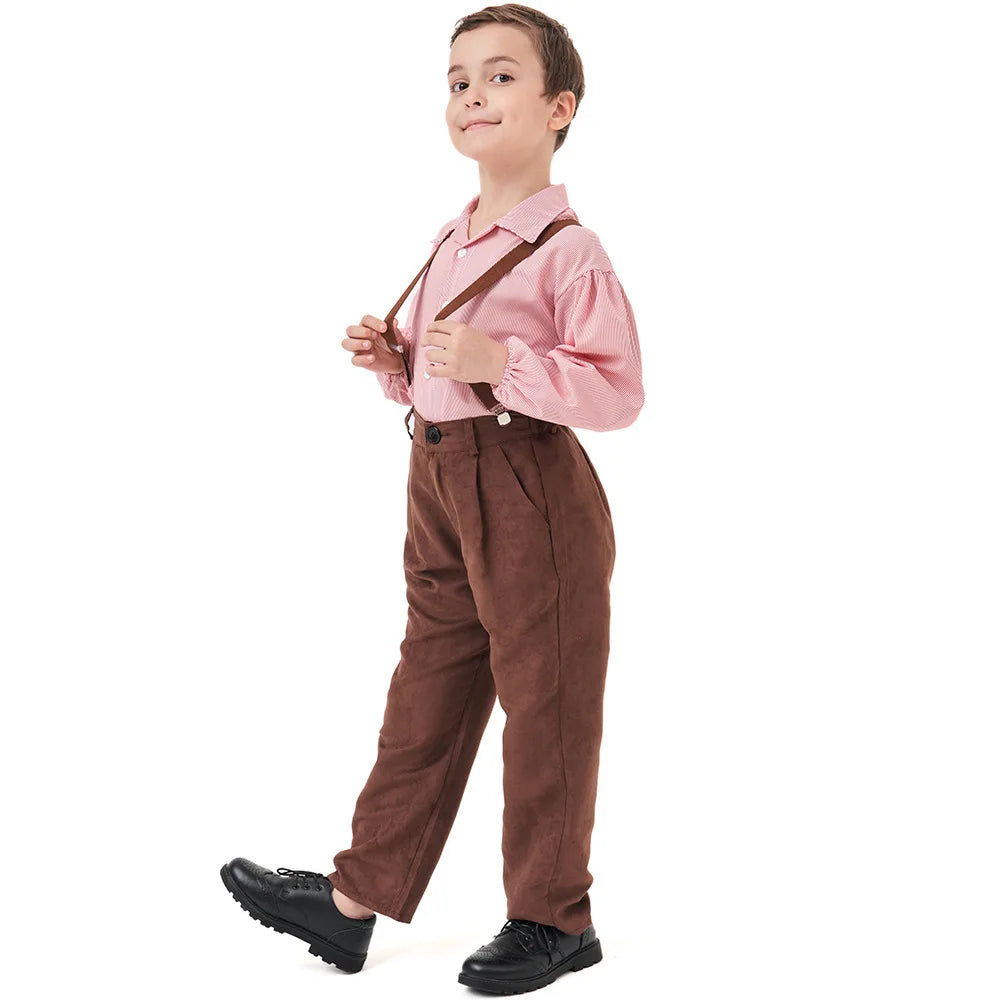 Vintage Colonial Farm Boy Costume Kids Brown Suspender Pants Outfits Children Alpine Villager Role Play Wear Halloween Carnival