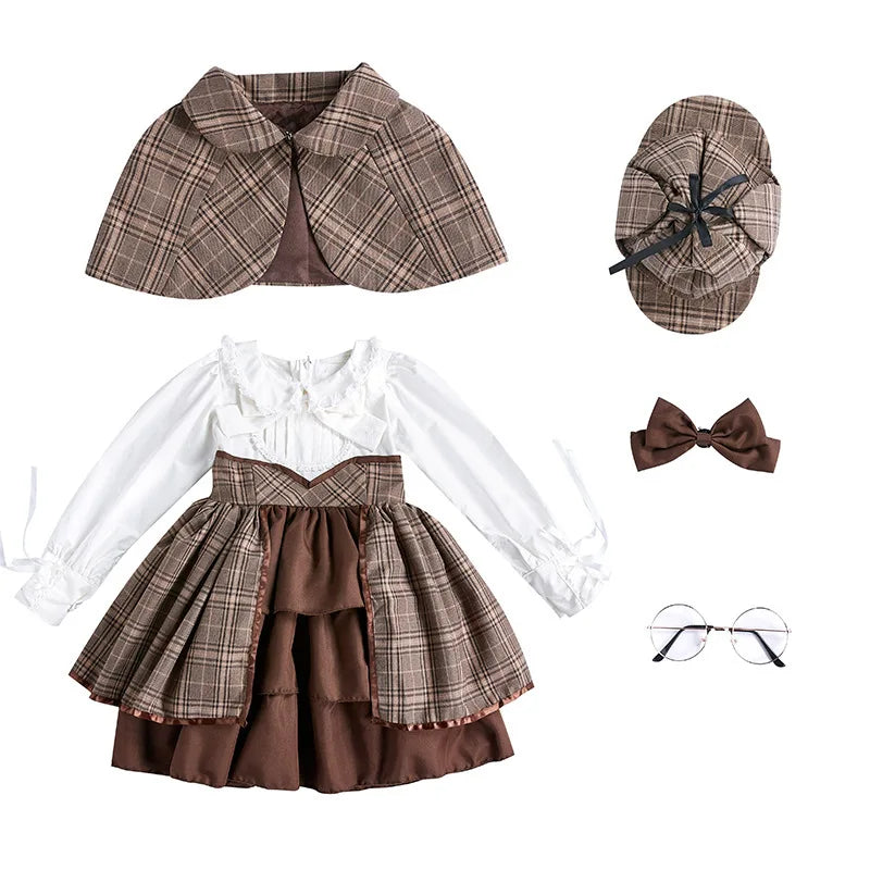 British Detective Costume for Girls Kids Sherlock Holmes Cosplay Outfit Children Retro Plaid Cape Hat Set Halloween Party Wear