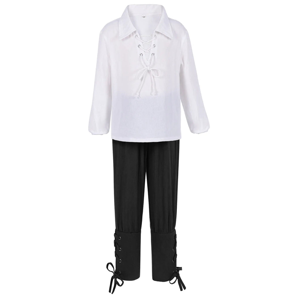 Kids Medieval Pirate Costume Set Renaissance Shirt and Cropped Pants Scottish Jacobite Outfits for Halloween Carnival Party Wear