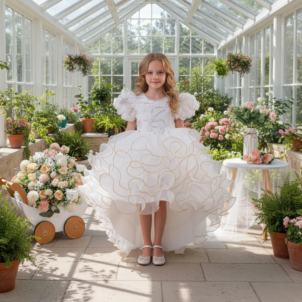Luxury White Pink Girls Princess Gown 3D Flower Appliques Kids Puffy Tulle Dress with Long Train Children Birthday Event Outfits