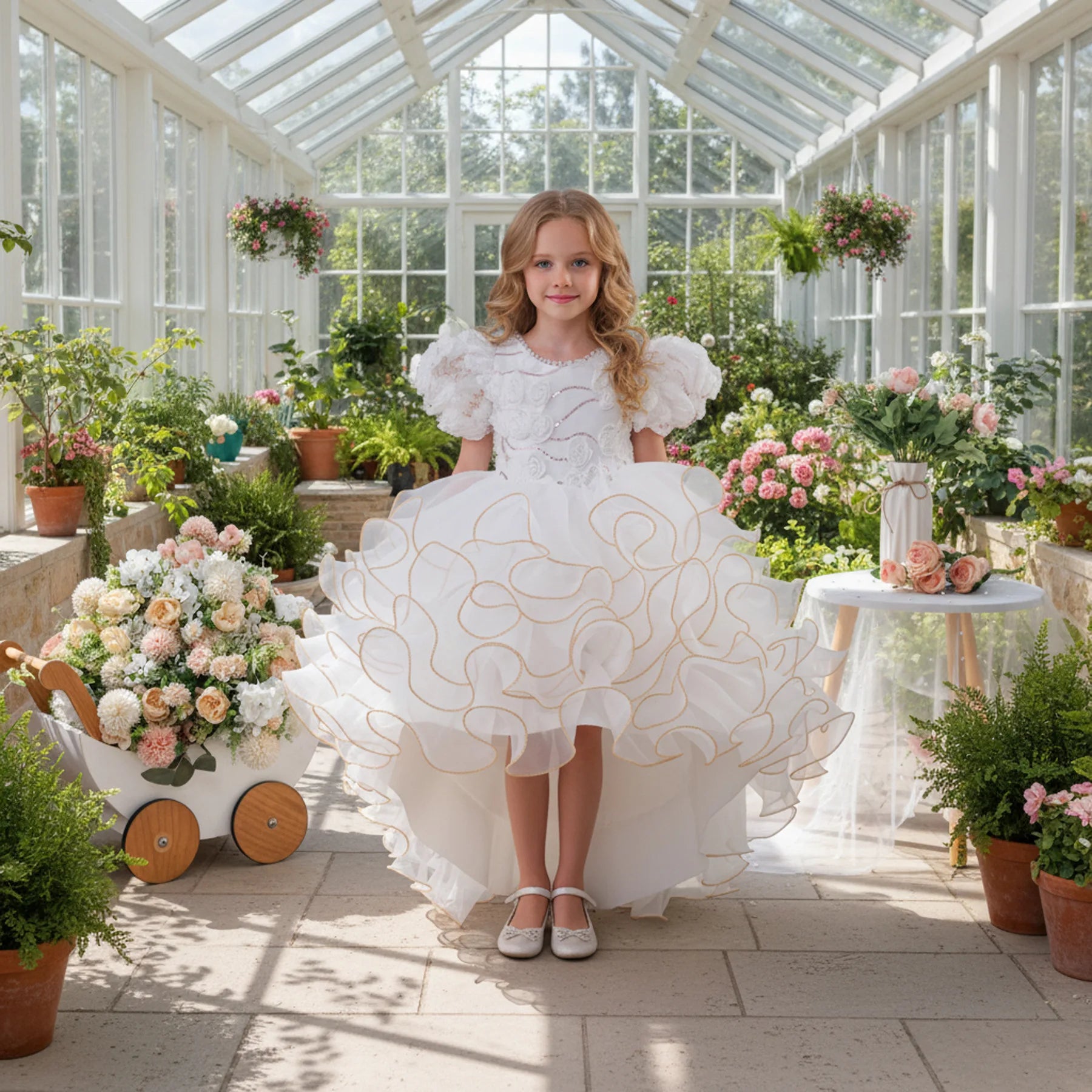 Luxury White Pink Girls Princess Gown 3D Flower Appliques Kids Puffy Tulle Dress with Long Train Children Birthday Event Outfits