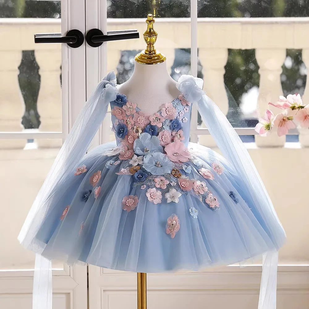 Luxury 3D Floral Girls Dress for Wedding Kids High-end Piano Performance Gown Children Host Catwalk Outfits Birthday Party Wear