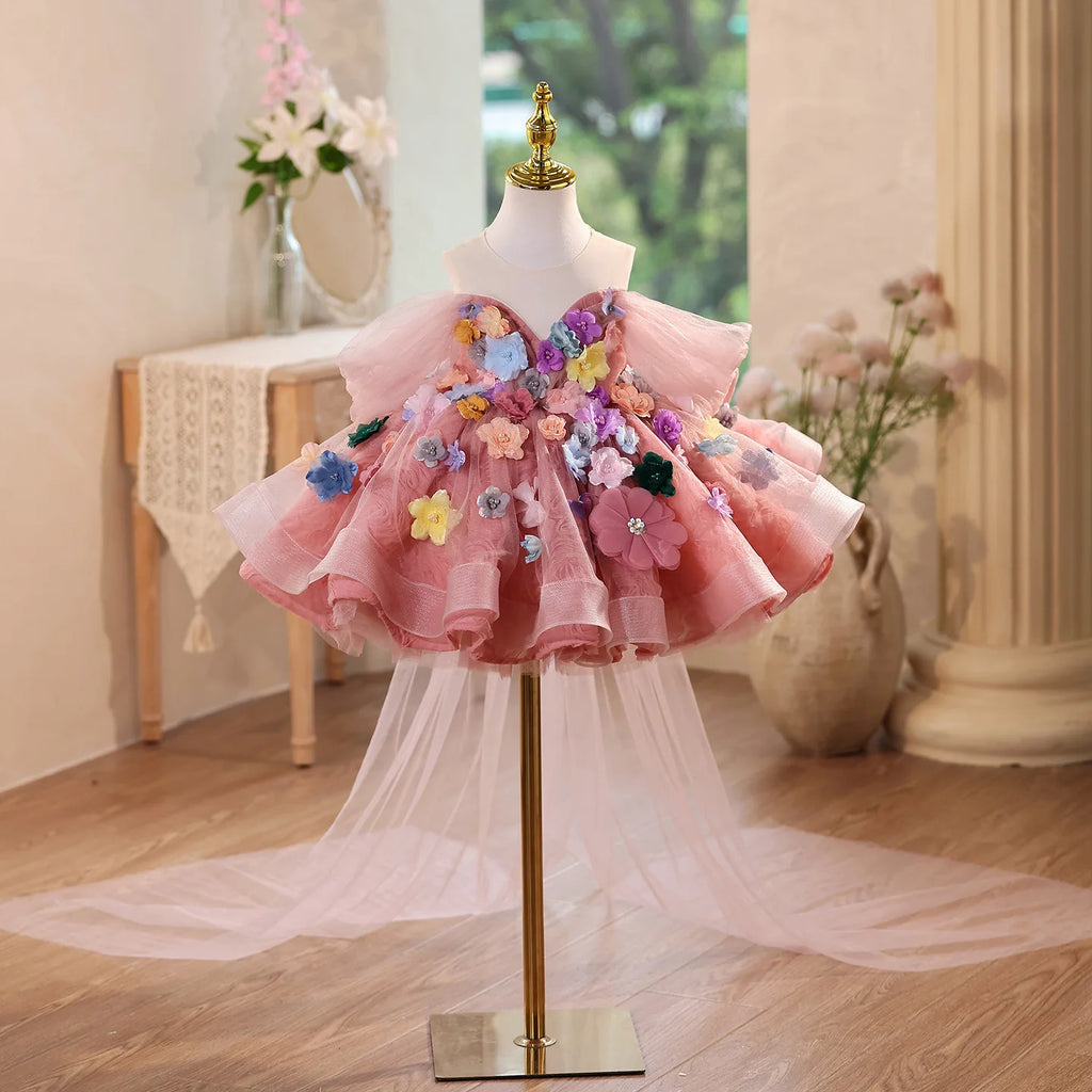 Elegant Flower Fairy Girls Princess Gown Kids Luxury Formal Birthday Party Dress Toddler Nature Style Performance Wear
