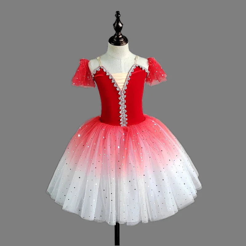 Professional Gradient Ballet Tutu Dress Kids Shiny Sequins Long Gauze Skirt Children Group Performance Outfits Princess Gown